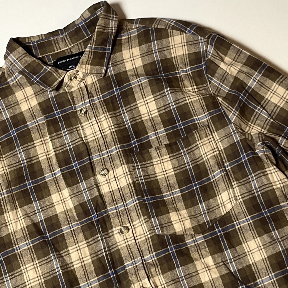 Cotton On Plaid Flannel Button Down Shirt Size M Olive Green Cream Everyday Wear